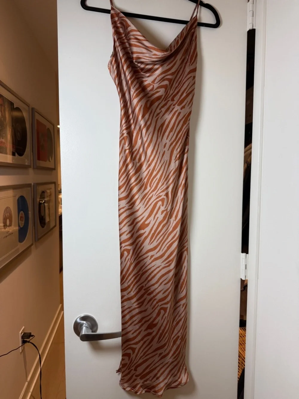 NWT Satin Slip Dress in Rust and Cream Zebra Print Size Small Adjustable Straps